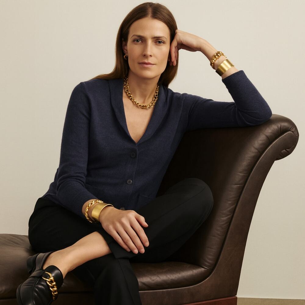 OSKA Virgin Wool Cardigan Sweater Navy Blue Sz 1/Medium $549 {AA31}